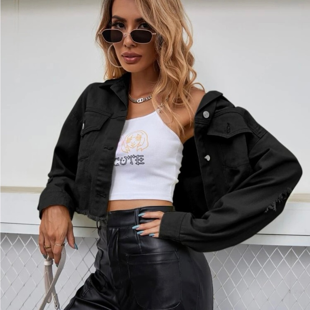 Cropped Black Denim Distressed Jacket